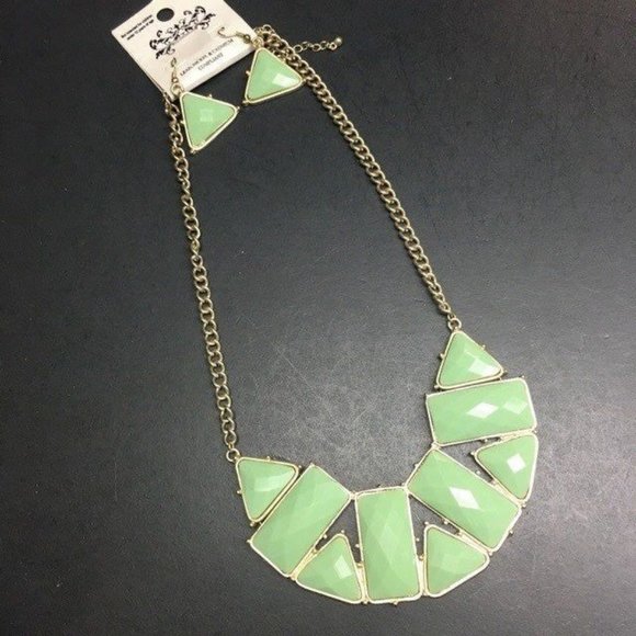 Jewelry - Triangle Necklace Earrings Jadeite Green Gold Dangle Pierced Retro Geometric